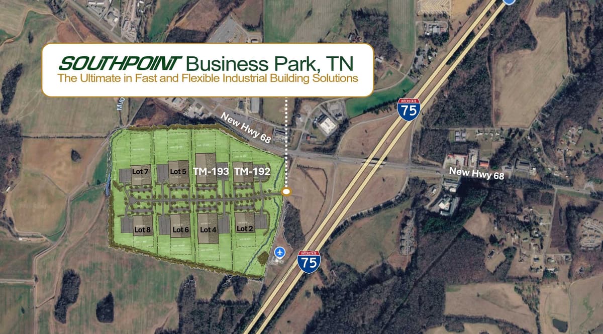 Aerial map of SouthPoint Business Park in Sweetwater, TN showing the park boundary, available lots, New Hwy 68, and I-75 access
