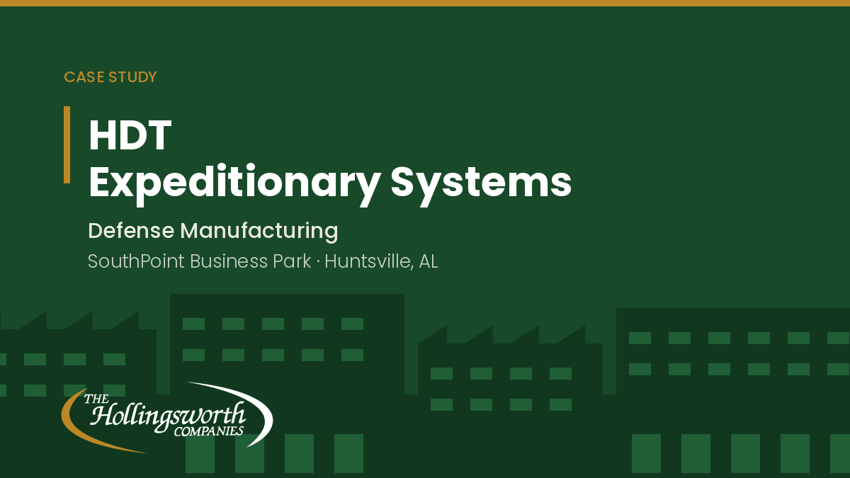 HDT Expeditionary Systems case study cover: defense manufacturing, SouthPoint Business Park, Huntsville, Alabama