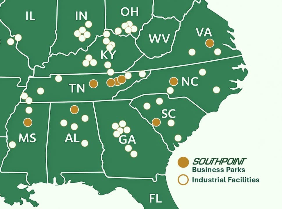 Southeastern US Map showing SOUTHPOINT Business Parks and Industrial Facilities