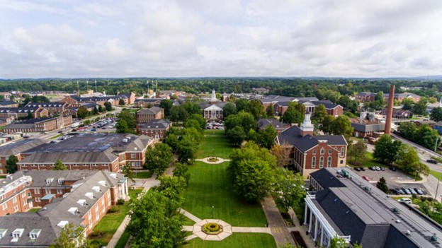 Aerial view of Tennessee Tech University campus in Cookeville, Tennessee showing educational infrastructure and community