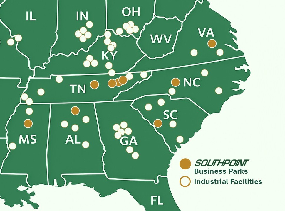 Southeastern US Map showing SOUTHPOINT Business Parks and Industrial Facilities